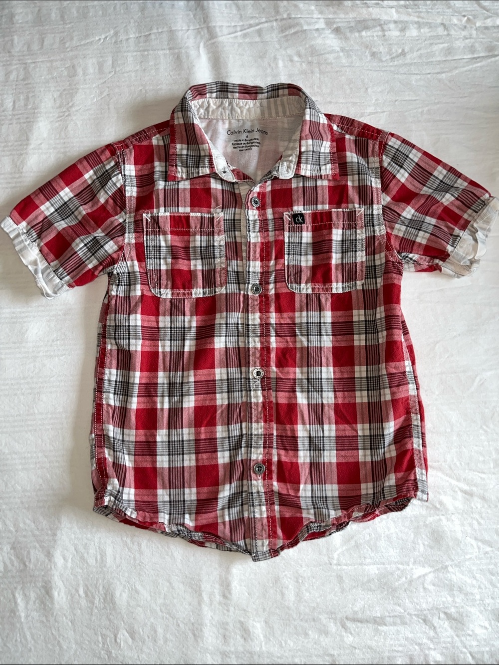 Calvin Klein Jeans Boys Red White Plaid Button Down Shirt Size 6